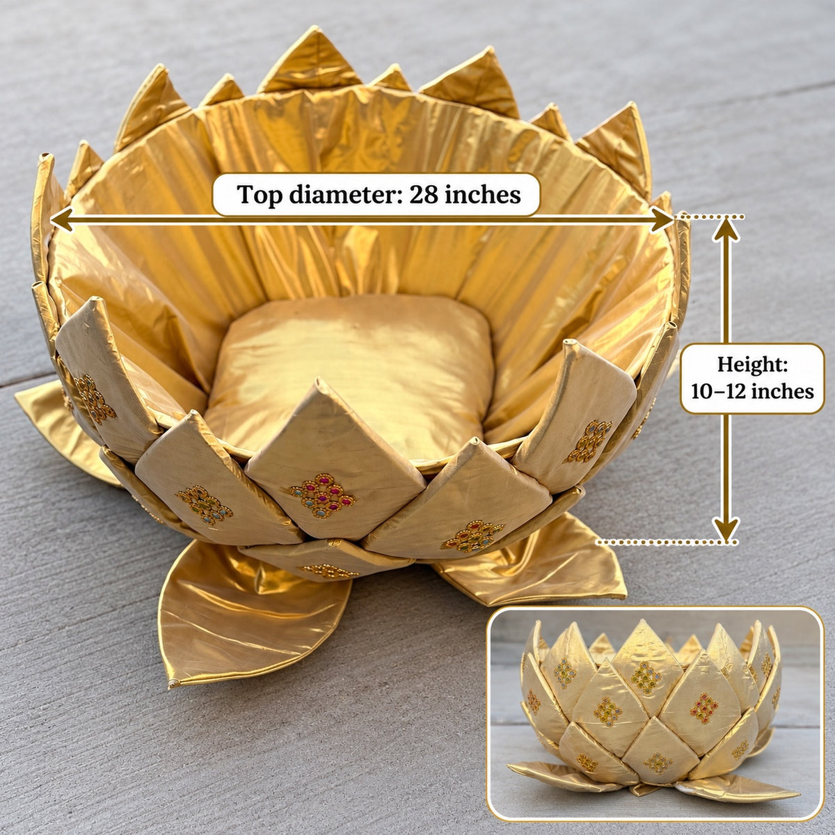 Gold Pelli Butta rental; top diameter 28 inches, height 10–12 inches.