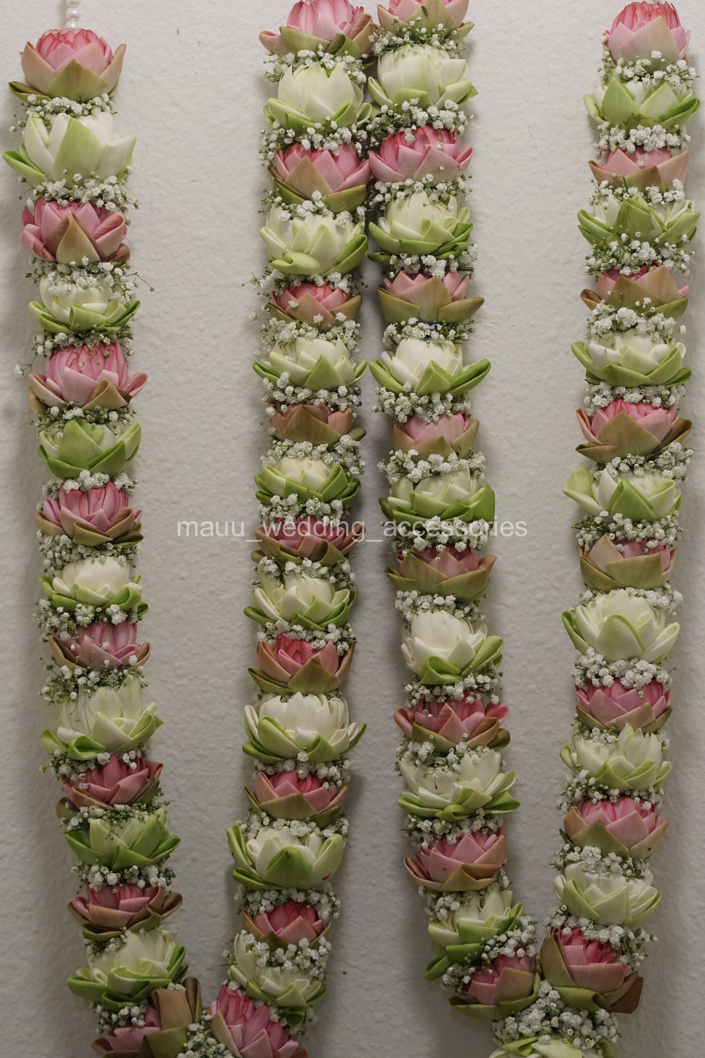 Fresh Flower Garlands – Pink & White Lotus and Babys Breaths - Customization Available