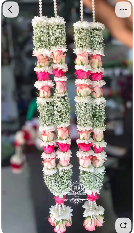 Fresh Flower Garlands – light and Dark  Pink  Roses, Mums& Babys Breaths - Customization Available