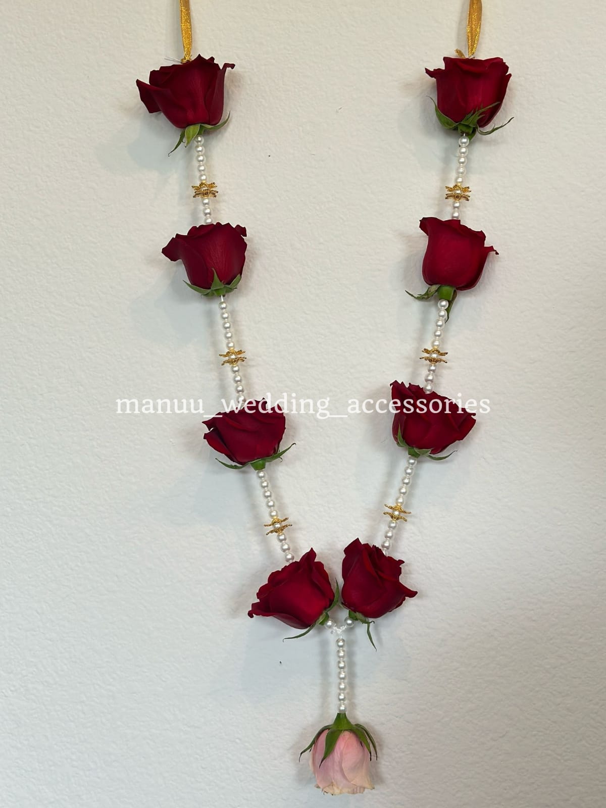 Fresh Flower Garlands – Dark Pink Rose and beads - Customization Available