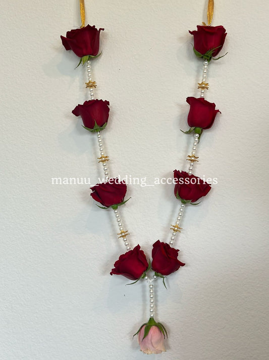 Fresh Flower Garlands – Dark Pink Rose and beads - Customization Available
