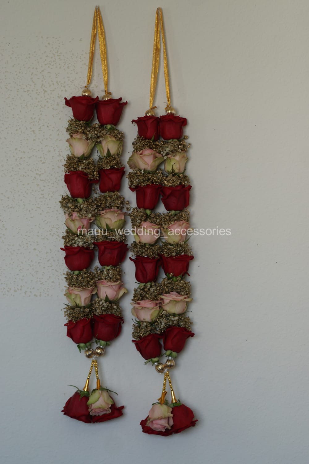 Fresh Flower Garlands – Red, Light Pink Roses & Babys Breaths(Gold Spray) - Customization Available