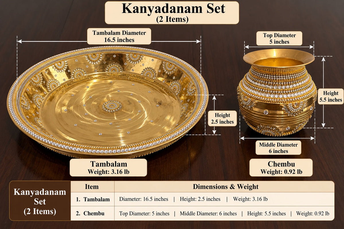 Kanyadanam Set size chart - Tambalam and Chembu dimensions and weights