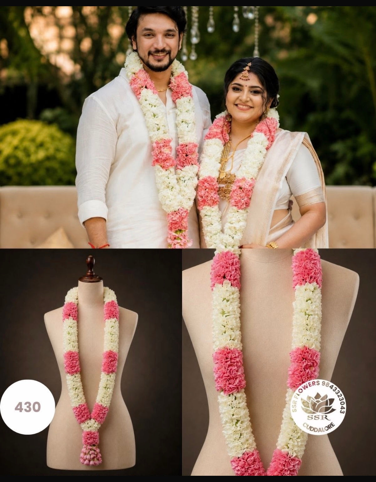 Pair of wedding garlands with pink carnations and white lilies on a couple and mannequin