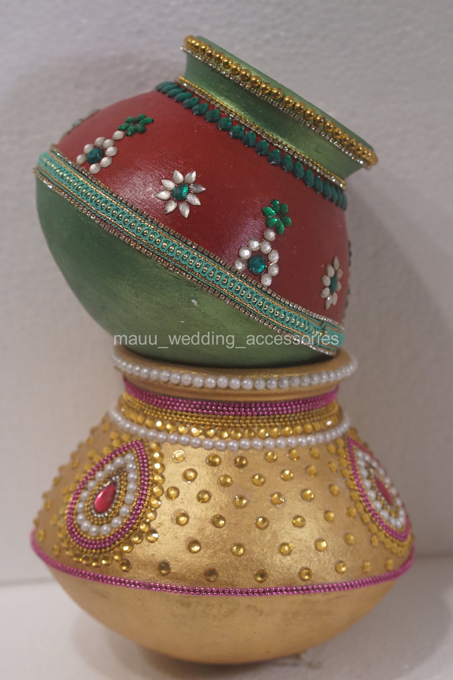 Garika Muntha - Decorated clay pot - Red & Green, Gold & pink Design - ONLY ONE