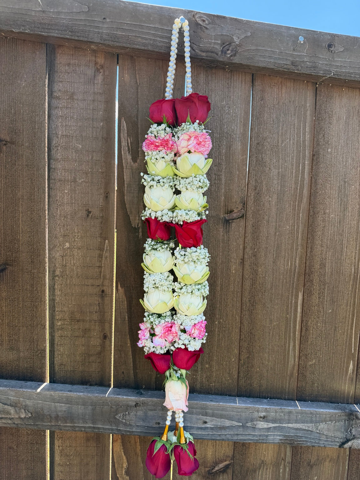 USA handmade wedding garland with red roses, white lotus, pink carnation and baby's breath